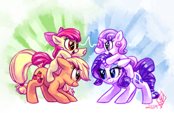 Size: 1725x1125 | Tagged: safe, artist:whitediamonds, derpibooru import, apple bloom, applejack, rarity, sweetie belle, earth pony, pony, unicorn, 2014, apple bloom riding applejack, apple bloom's bow, apple sisters, applelove, belle sisters, blank flank, bow, cute, eye contact, female, filly, foal, freckles, glare, group, hair bow, hatless, horn, looking at each other, looking at someone, mare, missing accessory, old art, open mouth, ponies riding ponies, quartet, riding, siblings, signature, sisters, smiling, smiling at each other, sweetie belle riding rarity, sweetielove, underhoof