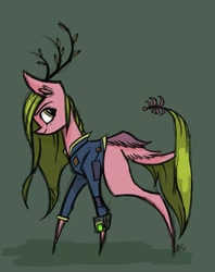 Size: 1015x1280 | Tagged: safe, artist:buttersflutterscotch, derpibooru import, oc, deer, deer pony, hybrid, original species, pony, clothes, jumpsuit, solo, tail wings, vault suit