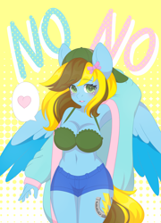 Size: 3100x4300 | Tagged: safe, artist:yomechka, derpibooru import, oc, oc only, oc:lucky bolt, anthro, human, equestria girls, backwards ballcap, baseball cap, beautiful, bow, bra, breasts, cap, cleavage, clothes, cute, daisy dukes, female, hair bow, hat, heart, humanized, jacket, long hair, looking at you, mare, midriff, sexy, shorts, shy, underwear, wings