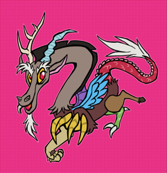 Size: 1025x1064 | Tagged: safe, artist:acura, derpibooru import, discord, draconequus, male, pink background, simple background, snaggletooth, solo