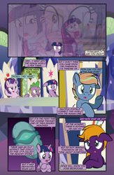 Size: 1920x2948 | Tagged: safe, artist:alexdti, derpibooru import, spike, starlight glimmer, twilight sparkle, twilight sparkle (alicorn), oc, oc:brainstorm (alexdti), oc:purple creativity, alicorn, pony, comic:quest for friendship retold, equestria girls, cutie map, eye twitch, memory stone, twilight's castle