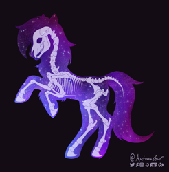 Size: 2585x2623 | Tagged: safe, artist:autumnsfur, derpibooru import, oc, oc only, oc:glitter stone, earth pony, pony, anatomy, bipedal, bone, earth pony oc, female, logo, mare, ribcage, signature, silhouette, simple background, skeleton, skull, solo, universe, x-ray