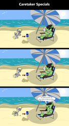 Size: 1920x3516 | Tagged: safe, artist:platinumdrop, derpibooru import, derpy hooves, oc, oc:anon, oc:anon stallion, pegasus, pony, comic:caretaker, comic:caretaker specials, 3 panel comic, angry, beach, beach chair, beach umbrella, bucket, butt, caretaker, chair, comic, commission, crying, duo, ears, falling, female, filly, filly derpy, flank, floppy ears, foal, food, hoof hold, i just don't know what went wrong, ice cream, ice cream cone, male, newspaper, ocean, outdoors, parasol (umbrella), plot, reading, sad, sand, sandcastle, scrunchy face, seaside, shovel, sitting, smiling, speech, speech bubble, stern, summer, sun, sunglasses, talking, tongue, tongue out, umbrella, vacation, water, wings, wings down, younger