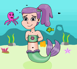 Size: 744x663 | Tagged: safe, artist:ocean lover, derpibooru import, lily pad (equestria girls), fish, human, mermaid, octopus, bare shoulders, bashful, belly, belly button, boulder, child, clothes, coral, cute, cutie mark on clothes, female, fins, fish tail, flower, hands behind back, human coloration, humanized, innocent, kelp, looking at you, mermaid tail, mermaidized, midriff, ms paint, ocean, ponytail, purple eyes, purple hair, sand, seaweed, sleeveless, smiling, smiling at you, solo, species swap, starfish, swimming, tail, tail fin, underwater, water