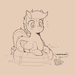 Size: 1200x1200 | Tagged: safe, artist:cold-blooded-twilight, derpibooru import, apple bloom, scootaloo, sweetie belle, earth pony, pegasus, pony, unicorn, blushing, cutie mark crusaders, dialogue, inflatable swimming pool, macro, monochrome, pool toy, size difference, sketch, speech bubble, swimming pool