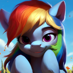 Size: 1300x1300 | Tagged: safe, ai content, derpibooru import, generator:pony diffusion v5, machine learning generated, rainbow dash, pegasus, pony, g4, female, looking at you, mare, solo