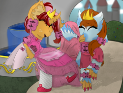 Size: 4000x3000 | Tagged: safe, artist:spiroudada, derpibooru import, oc, oc only, griffon, pony, unicorn, bow, castle, clothes, cute, dress, duo, fountain, giggling, jewelry, pink, princess, princess dress, shoes, smiling, sunlight, tiara