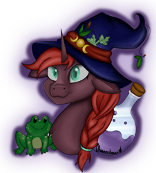 Size: 540x598 | Tagged: safe, artist:ohneechan, derpibooru import, oc, frog, pony, unicorn, :3, braid, clothes, costume, female, flask, green eyes, hairband, halloween, halloween costume, hat, herbs, holiday, horn, mistletoe, potion, profile picture, simple background, smiling, solo, transparent background, unicorn oc, watermark, witch hat