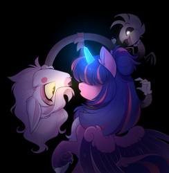 Size: 975x1000 | Tagged: safe, artist:thewandie, derpibooru import, oc, oc only, oc:estella sparkle, alicorn, fox, pony, alicorn oc, animatronic, black background, broken horn, chest fluff, coat markings, commission, crossover, duo, female, five nights at freddy's, glowing, glowing horn, hair over eyes, horn, mangle, mare, open mouth, raised hoof, raised leg, simple background, unshorn fetlocks, wings, ych result