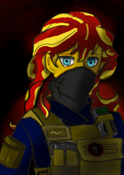 Size: 3508x4960 | Tagged: safe, artist:broni, derpibooru import, sunset shimmer, human, armor, bulletproof vest, clothes, female, humanized, military, military uniform, pmc wagner, simple background, solo, uniform