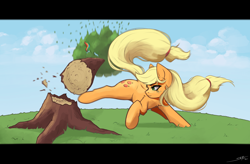 Size: 2500x1640 | Tagged: safe, artist:skitsroom, derpibooru import, applejack, rainbow dash, earth pony, pegasus, pony, chest fluff, cloud, female, freckles, grass, kick, letterboxing, mare, missing accessory, motion blur, shoulder fluff, sky, tree