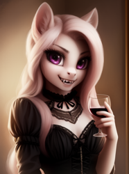 Size: 512x688 | Tagged: safe, ai content, derpibooru import, generator:pony diffusion v5, generator:stable diffusion, machine learning generated, fluttershy, anthro, pony, undead, vampire, vampony, choker, fangs, female, glass, lace, looking at you, solo, wine glass