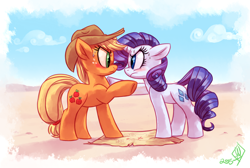 Size: 2050x1375 | Tagged: safe, artist:whitediamonds, derpibooru import, applejack, rarity, earth pony, pony, unicorn, angry, applejack's hat, blushing, clothes, cloud, cowboy hat, desert, duo, duo female, eye contact, female, freckles, frown, hat, horn, lesbian, looking at each other, looking at someone, map, mare, outdoors, raised hoof, raised leg, rarijack, rarijack daily, scrunchy face, shipping, signature, sky, sweat, underhoof