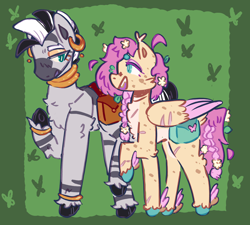 Size: 2000x1800 | Tagged: safe, artist:tottallytoby, derpibooru import, fluttershy, zecora, butterfly, pegasus, pony, zebra, bag, bangles, body freckles, bracelet, braid, braided tail, cheek fluff, chest fluff, choker, colored hooves, cyan eyes, duo, ear piercing, ear tufts, earring, eyeshadow, female, flower, flower in hair, folded wings, freckles, green background, jewelry, leaves, leaves in hair, leg fluff, leg scar, lesbian, looking at each other, looking at someone, makeup, mare, open mouth, pale belly, piercing, saddle bag, scar, scarred, shipping, shycora, simple background, smiling, tail, talking, teal eyes, unshorn fetlocks, wing freckles, wing scar, wings