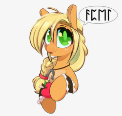 Size: 1000x952 | Tagged: safe, artist:inkypuso, derpibooru import, applejack, earth pony, pony, apple, appul, bust, colored pupils, cute, female, food, headband, jackabetes, jewelry, looking at you, mare, necklace, runes, simple background, smiling, smiling at you, solo, speech bubble, white background, wristband