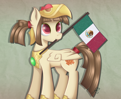 Size: 1220x1000 | Tagged: safe, artist:kat glitty, derpibooru import, oc, oc:tailcoatl, pegasus, pony, aztec, mexican, mexican flag, mexico, nation ponies, ponified, solo, species swap