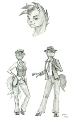 Size: 850x1353 | Tagged: safe, artist:baron engel, derpibooru import, anthro, unicorn, clothes, duo, hat, necktie, simple background, suit, suspenders, vest, white background