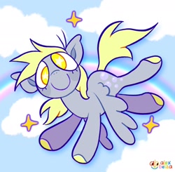 Size: 2048x2010 | Tagged: safe, artist:alexbeeza, derpibooru import, derpy hooves, pegasus, big ears, closed mouth, cloud, ears, flying, looking at you, rainbow, smiling, smiling at you, solo, sparkles, starry eyes, wingding eyes, wings, wings down