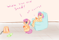 Size: 686x460 | Tagged: safe, artist:sagasshi, derpibooru import, scootaloo, pegasus, pony, controller, duo, female, filly, foal, gamer scootaloo, pregnant, pregnant scootaloo, sitting, video game