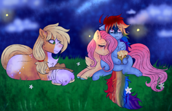 Size: 1110x720 | Tagged: safe, artist:mh-verse, derpibooru import, applejack, fluttershy, rainbow dash, earth pony, firefly (insect), insect, pegasus, pony, cider, cider mug, consoling, crying, cuddling, eyes closed, female, flutterdash, grass, grass field, lesbian, looking up, lying down, mare, mug, night, prone, sad, shipping, sitting, trio