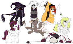 Size: 4914x3000 | Tagged: safe, artist:anku, derpibooru import, oc, oc only, oc:henry ford, oc:katoma, oc:ludwig von leeb, frog, pegasus, pony, unicorn, clothes, fishing rod, fluffy tail, folded wings, glasses, hat, hoodie, horn, looking at someone, lying down, one eye closed, raised hoof, raised leg, sitting, standing, tail, wings