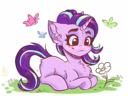 Size: 2912x2200 | Tagged: safe, artist:falafeljake, derpibooru import, starlight glimmer, butterfly, pony, unicorn, blushing, chest fluff, cute, ear fluff, ears, eyebrows, female, flower, glimmerbetes, high res, horn, looking at something, lying down, mare, ponyloaf, prone, signature, simple background, smiling, solo, white background