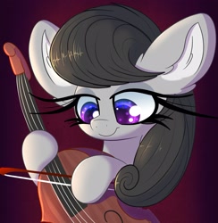 Size: 2527x2585 | Tagged: safe, artist:windykirin, derpibooru import, octavia melody, earth pony, pony, big ears, bow (instrument), cello, ear fluff, ears, female, high res, impossibly long eyelashes, long eyelashes, looking at something, mare, musical instrument, smiling, solo