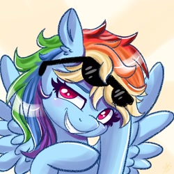 Size: 2048x2048 | Tagged: safe, artist:galaxy swirl, derpibooru import, rainbow dash, pegasus, pony, ear fluff, ears, eyebrows, eyebrows visible through hair, grin, looking at you, smiling, solo, spread wings, sunglasses, wings