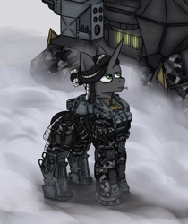 Size: 3011x3591 | Tagged: safe, artist:ashel_aras, derpibooru import, oc, oc only, oc:venator hiddenshade, pony, robot, unicorn, among us, armor, armored pony, ash, camouflage, cigarette, clothes, dirt, high quality, male, military uniform, pouch, smoke, solo, trade, uniform