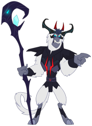 Size: 3815x5207 | Tagged: safe, artist:mlgtrap, derpibooru import, edit, storm king, hybrid, satyr, yeti, my little pony: the movie, antagonist, armor, claws, eyebrows, fangs, frown, horn, male, merging, nails, original design, pointing, simple background, solo, staff, staff of sacanas, storm king's emblem, tail, transparent background