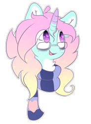 Size: 1039x1415 | Tagged: safe, artist:umbreow, derpibooru import, oc, oc only, pony, unicorn, bust, clothes, female, glasses, mare, portrait, scarf, solo, striped scarf