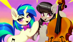 Size: 2688x1536 | Tagged: safe, ai content, derpibooru import, generator:pony diffusion v5, generator:stable diffusion, machine learning generated, dj pon-3, octavia melody, vinyl scratch, earth pony, pony, unicorn, abstract background, bipedal, bowtie, cello, duo, female, heart, heart eyes, holding, looking at you, mare, musical instrument, open mouth, open smile, prompter:siber, smiling, smiling at you, wingding eyes