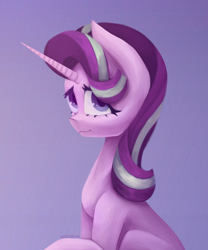 Size: 2500x3000 | Tagged: safe, artist:anastas, derpibooru import, starlight glimmer, pony, unicorn, bust, cute, eyelashes, glimmerbetes, gradient background, half body, looking at you, portrait, purple coat, purple fur, raised hoof, raised leg, sitting, smiling, smiling at you, solo, sternocleidomastoid, two toned mane