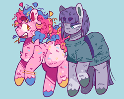 Size: 2048x1630 | Tagged: safe, artist:tottallytoby, derpibooru import, maud pie, pinkie pie, earth pony, pony, alternate design, blue background, blush scribble, body markings, bracelet, chest fluff, clothes, coat markings, colored ears, colored eartips, colored hooves, dress, duo, ear piercing, earring, elbow fluff, eyeshadow, facial markings, fangs, female, golden eyes, heterochromia, jewelry, leg fluff, lidded eyes, looking at each other, looking at someone, makeup, mare, mismatched hooves, open mouth, pale belly, piercing, raised hoof, raised leg, siblings, simple background, sisters, smiling, socks (coat marking), thick eyebrows, unshorn fetlocks