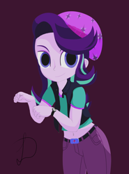 Size: 1600x2160 | Tagged: safe, artist:leddaq, derpibooru import, starlight glimmer, equestria girls, belly button, looking at you, midriff, purple background, simple background, smiling, smiling at you, solo, standing