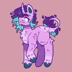 Size: 1280x1280 | Tagged: safe, artist:tottallytoby, derpibooru import, starlight glimmer, pony, unicorn, alternate design, body markings, butt fluff, chest fluff, coat markings, colored eartips, colored hooves, curved horn, elbow fluff, facial markings, female, horn, leg fluff, leonine tail, mare, open mouth, pale belly, pink background, purple eyes, raised hoof, raised leg, red background, redesign, simple background, socks (coat marking), solo, standing, star (coat marking), tail, tail flutt, thick eyebrows, unshorn fetlocks