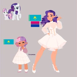 Size: 2048x2048 | Tagged: safe, artist:cryweas, derpibooru import, rarity, sweetie belle, human, pony, unicorn, alternate hairstyle, bisexual pride flag, blushing, clothes, dress, duo, ear piercing, earring, elf ears, eyeshadow, female, filly, flats, foal, gray background, grin, hairband, high heels, humanized, jewelry, kazakhstan, lipstick, makeup, mare, nail polish, piercing, pride, pride flag, ring, shoes, siblings, simple background, sisters, smiling, socks