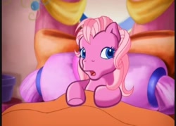 Size: 720x516 | Tagged: safe, derpibooru import, screencap, pinkie pie (g3), earth pony, pony, g3, bed, female, looking to side, looking to the right, mare, pillow, pinkie pie's special day