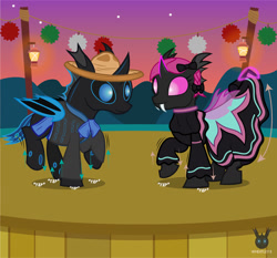 Size: 1331x1241 | Tagged: safe, artist:wheatley r.h., derpibooru exclusive, derpibooru import, oc, oc only, oc:lara, oc:w. rhinestone eyes, changeling, bat wings, blue changeling, bow, changeling magic, charro, clothes, dancing, dress, duo, female, folded wings, glowing, glowing horn, hair bow, happy, hat, honeypot changeling, horn, jalisco dress, lamp, magic, male, mare, mexico, onomatopoeia, pink changeling, september 16th, stallion, suit, sunset, telekinesis, vector, watermark, wings