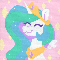 Size: 1175x1177 | Tagged: safe, artist:dandy, derpibooru import, princess celestia, alicorn, pony, acrylic painting, eyes closed, female, floating wings, happy, horn, jewelry, regalia, solo, sparkly mane, traditional art, wings