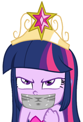 Size: 1444x2124 | Tagged: artist needed, source needed, safe, derpibooru import, edit, twilight sparkle, twilight sparkle (alicorn), alicorn, equestria girls, angry, big crown thingy, element of magic, fall formal, gag, jewelry, regalia, simple background, solo, tape, tape gag, transparent background