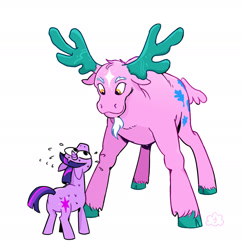 Size: 2048x2128 | Tagged: safe, artist:cracklewink, derpibooru import, twilight sparkle, moose, unicorn, g1, antlers, cloven hooves, coat markings, facial hair, facial markings, goatee, oakly, simple background, size difference, star (coat marking), white background