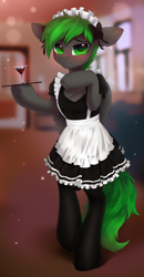 Size: 2128x4096 | Tagged: safe, alternate version, artist:anku, derpibooru import, oc, oc only, oc:bytewave, pegasus, semi-anthro, alcohol, blurry background, blushing, chest fluff, clothes, commission, crossdressing, dress, ear blush, ears, eye clipping through hair, eyebrows, eyebrows visible through hair, fishnet stockings, floppy ears, flustered, glass, hock fluff, looking at you, maid, maid headdress, male, pegasus oc, signature, solo, stallion, stockings, thigh highs, unshorn fetlocks, wine, wine glass, ych result