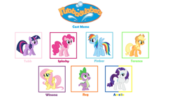 Size: 1167x685 | Tagged: safe, artist:margotthemlpfan573, derpibooru import, applejack, fluttershy, pinkie pie, rainbow dash, rarity, spike, twilight sparkle, unicorn twilight, dragon, earth pony, pegasus, pony, unicorn, g4, amelia (rubbadubbers), baby, baby dragon, cast, cast meme, female, finbar, male, mare, meme, reg (rubbadubbers), rubbadubbers, simple background, sploshy, terence (rubbadubbers), tubb, white background, winona (rubbadubbers)