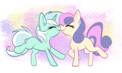Size: 1949x1177 | Tagged: safe, artist:lbrcloud, derpibooru import, bon bon, lyra heartstrings, sweetie drops, earth pony, pony, unicorn, abstract background, blushing, canon ship, duo, female, lesbian, lyrabon, missing cutie mark, nose to nose, nuzzling, shipping
