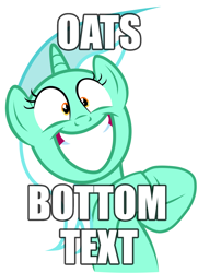 Size: 1200x1660 | Tagged: safe, artist:tardifice, derpibooru import, edit, editor:pink amena, lyra heartstrings, pony, unicorn, big grin, bottom text, caption, faic, female, food, grin, hooves together, image macro, irrational exuberance, meme, oats, shrunken pupils, simple background, smiling, solo, text, that pony sure does love oats, vector, white background
