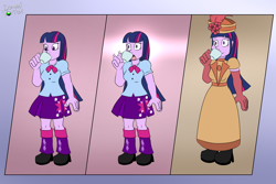 Size: 2400x1600 | Tagged: safe, artist:domedvortex, derpibooru import, twilight sparkle, twilight sparkle (alicorn), alicorn, human, equestria girls, british, clothes, comic, dress, female, food, hypno eyes, hypnosis, hypnotized, long dress, long skirt, skirt, solo, tea