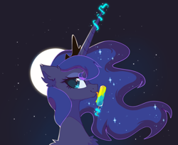 Size: 1580x1290 | Tagged: safe, artist:mirtash, derpibooru import, princess luna, alicorn, pony, chest fluff, ear fluff, ears, food, levitation, licking, looking at you, magic, moon, popsicle, smiling, solo, telekinesis, tongue, tongue out