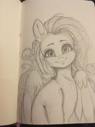 Size: 3024x4032 | Tagged: safe, artist:miokomata, derpibooru import, fluttershy, pegasus, pony, cute, female, freckles, freckleshy, grayscale, looking at you, mare, monochrome, pencil drawing, shyabetes, smiling, smiling at you, solo, traditional art