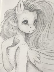 Size: 1536x2048 | Tagged: safe, artist:miokomata, derpibooru import, fluttershy, pegasus, pony, female, freckles, freckleshy, frown, grayscale, hoof on chest, mare, monochrome, pencil drawing, solo, traditional art